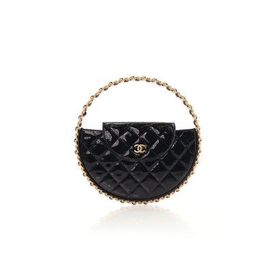 CHANEL PATENT CALFSKIN QUILTED CHAIN HOOP BAG BLACK AP3585 (23*23*3cm)